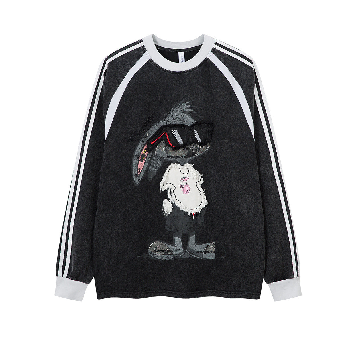 T-shirt graphique à manches longues – Imprimé écusson lapin streetwear, rayures et manches raglan