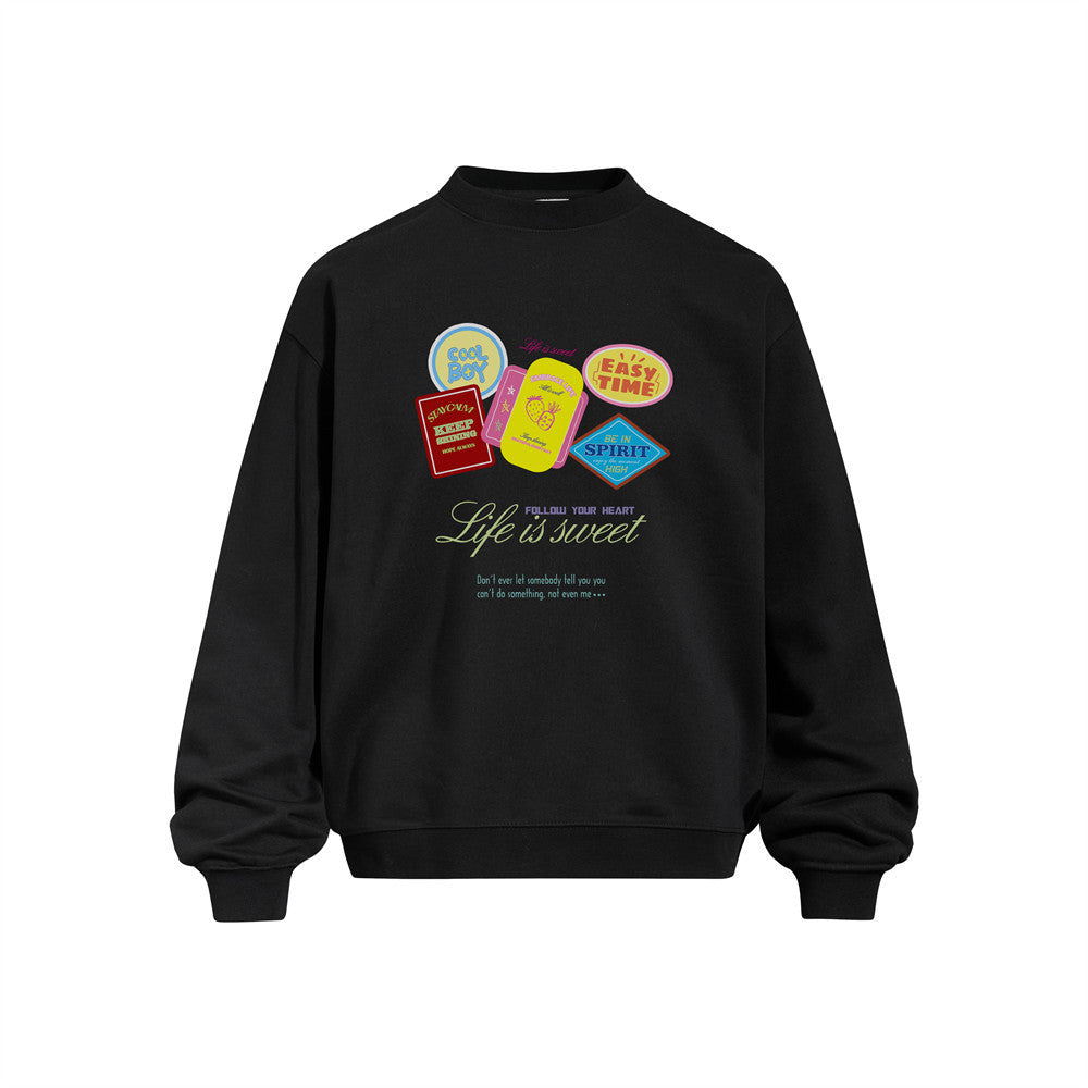Oversized Graphic Crewneck Sweatshirt – Life Is Sweet Sticker Print