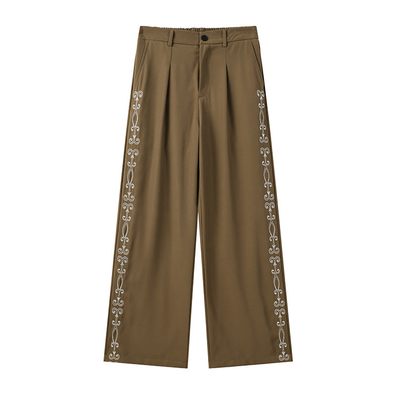 Wide Leg Dress Pants with Floral Embroidery Side Stripe