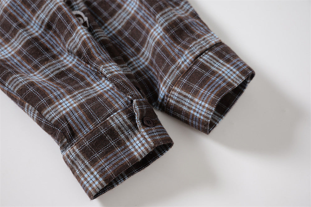 Plaid Long Sleeve Button-Up Shirt with Gothic Letter Embroidery