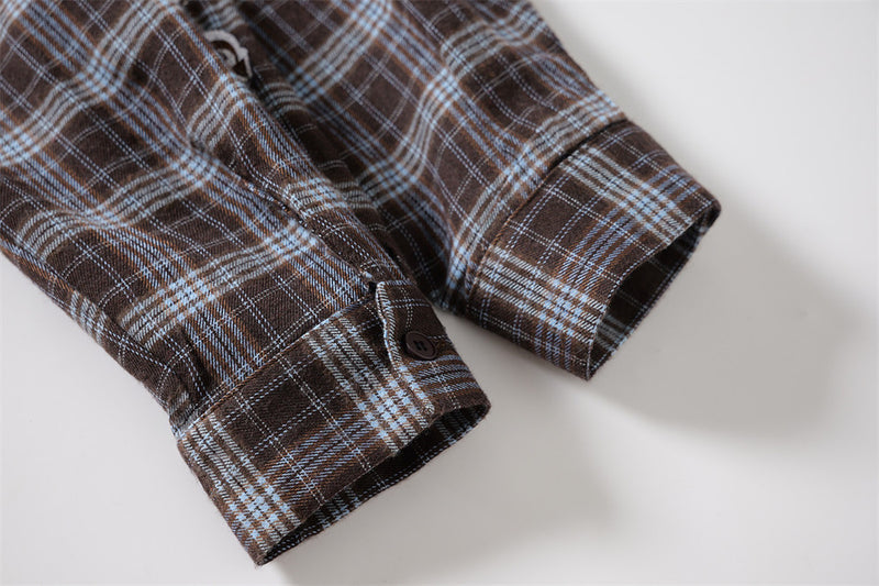 Plaid Long Sleeve Button-Up Shirt with Gothic Letter Embroidery
