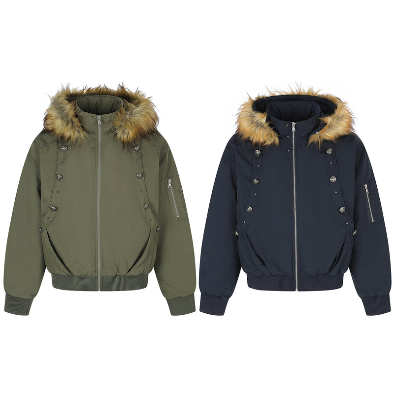 Fur-Trim Hood Bomber Jacket – Padded Winter Flight Coat with Double-Breasted