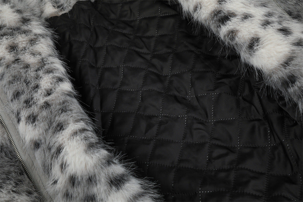 Faux Fur Leopard Print Bomber Jacket – Men's Oversized High-Collar Winter Coat