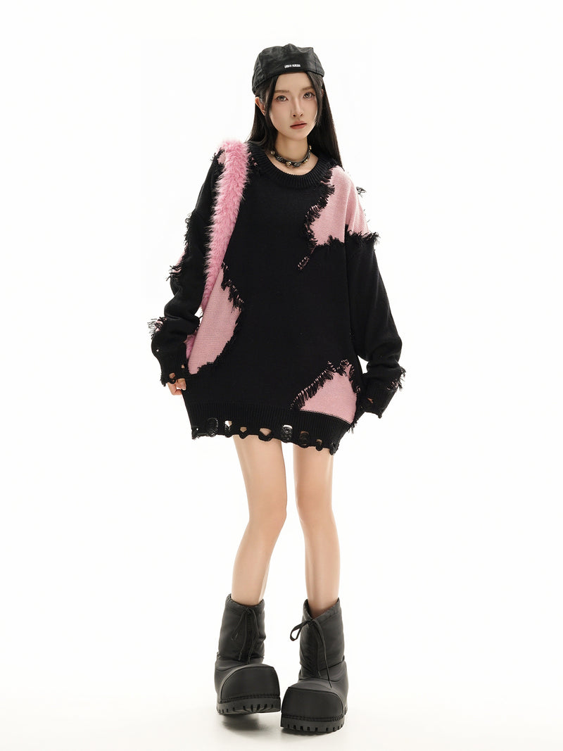 Pull en maille color block effet usé – Pull oversize à franges, style high-street