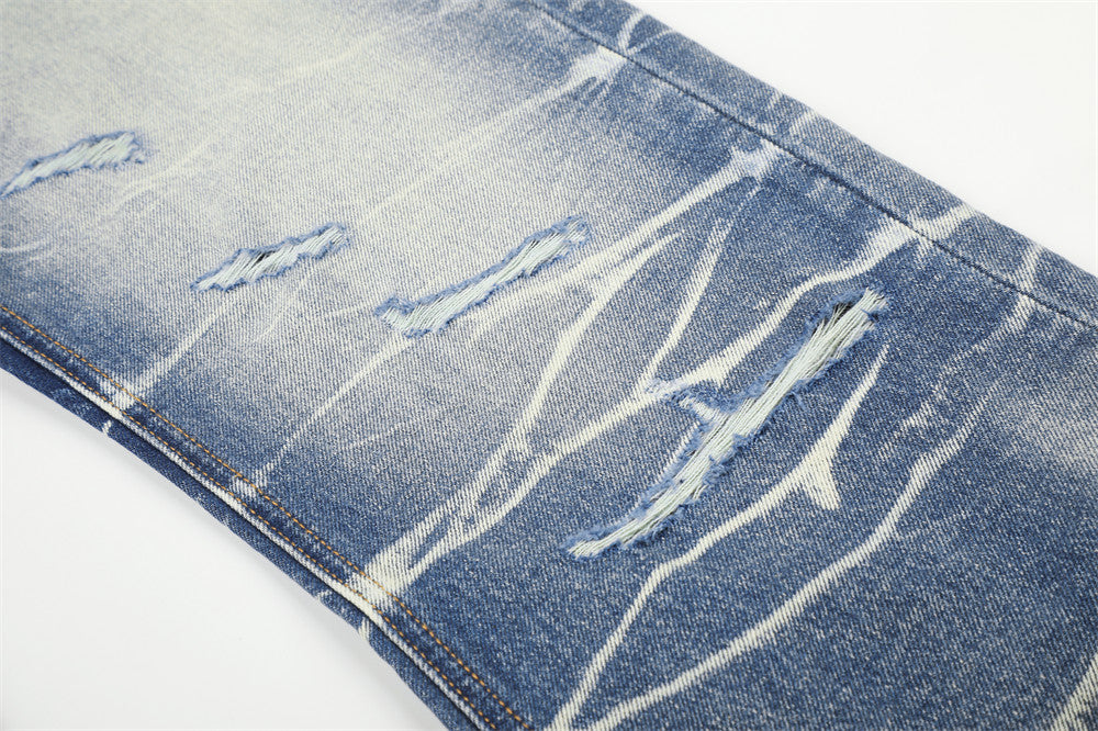 Wide-Leg Distressed Jeans – Lightning Wash Vintage Blue Straight-Fit Denim