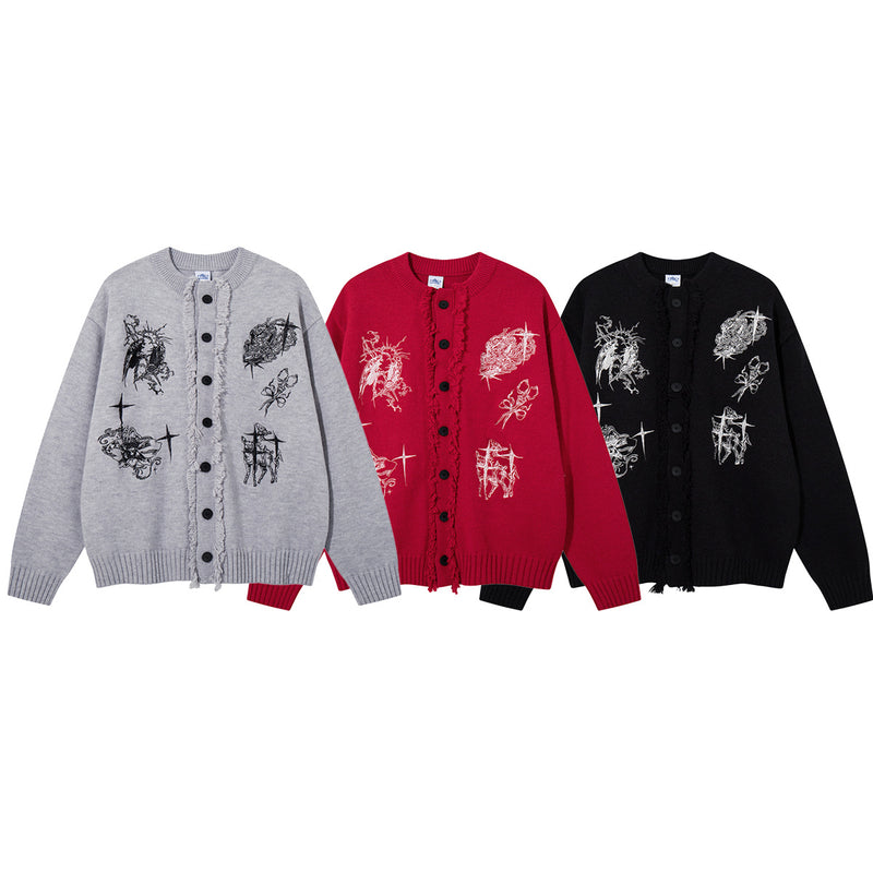 Gothic Embroidered Fringe Knit Cardigan Sweater – Oversized Button-Up
