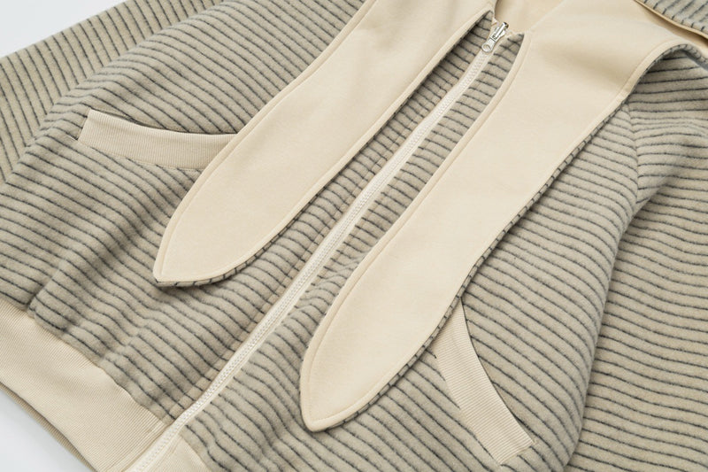 Sudadera con capucha y cremallera de rayas con orejas de conejo — Cárdigan reversible de doble cara