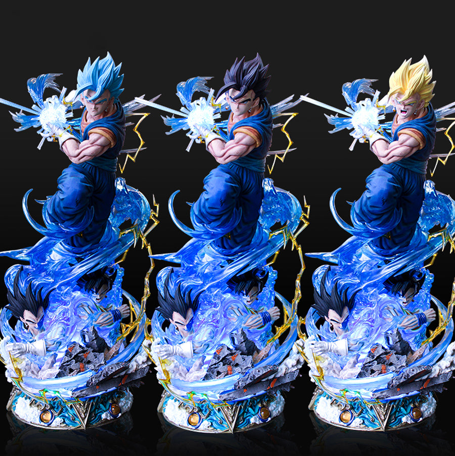 The Seakoff Dragon Ball Super Goku Transformations Collectible Figure, standing 46cm tall, features interchangeable heads and glowing effects. It showcases Goku and two others with dynamic blue, black, and blonde hairstyles, each holding a blue energy orb amid swirling energy and lightning effects.