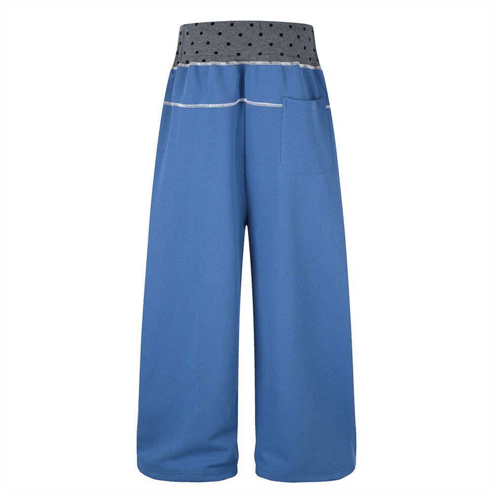 Pantalon de survêtement à jambes larges – Étoile bleue, bandes latérales et ceinture à pois