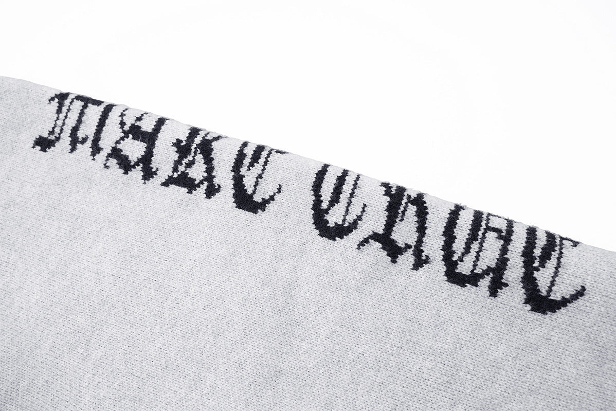Gothic Cross Knit Zip-Up Hoodie with Old English Sleeve Script