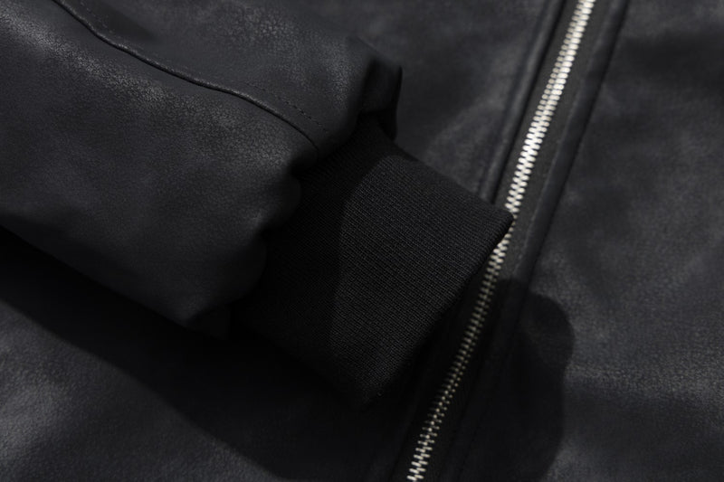 Black Faux Leather Hooded Bomber Jacket with Faux Fur Trim & Buckle Strap