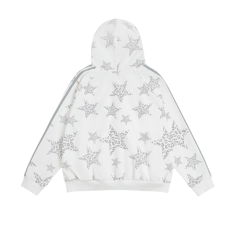 Sweat à capuche zippé blanc à imprimé étoiles léopard et bandes latérales