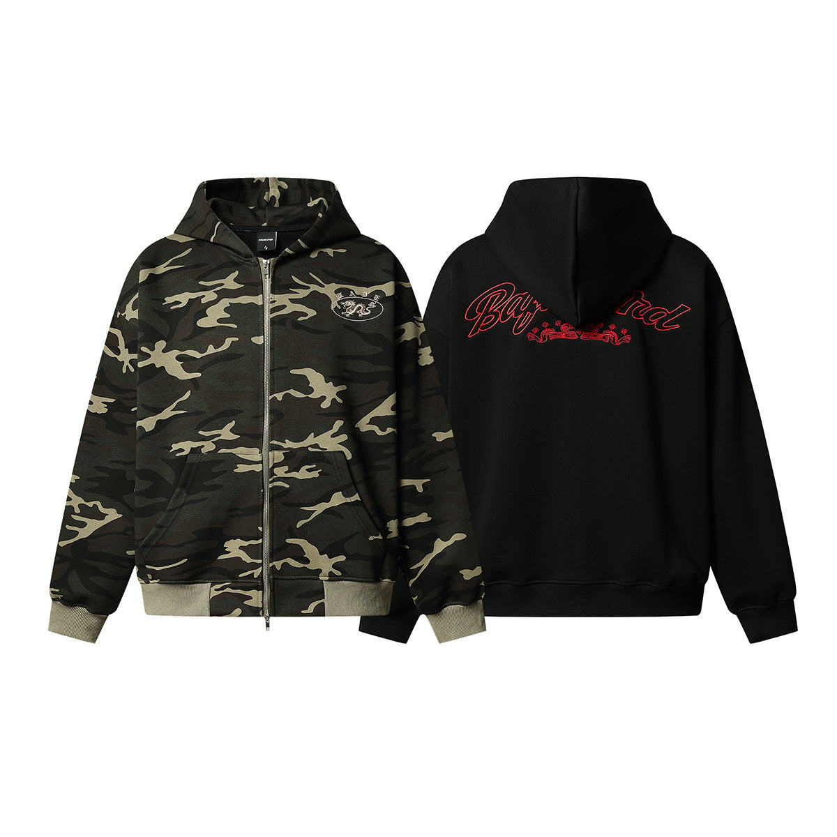 Zip-Hoodie mit Drachenemblem – Oversized Streetwear in Camo & Schwarz