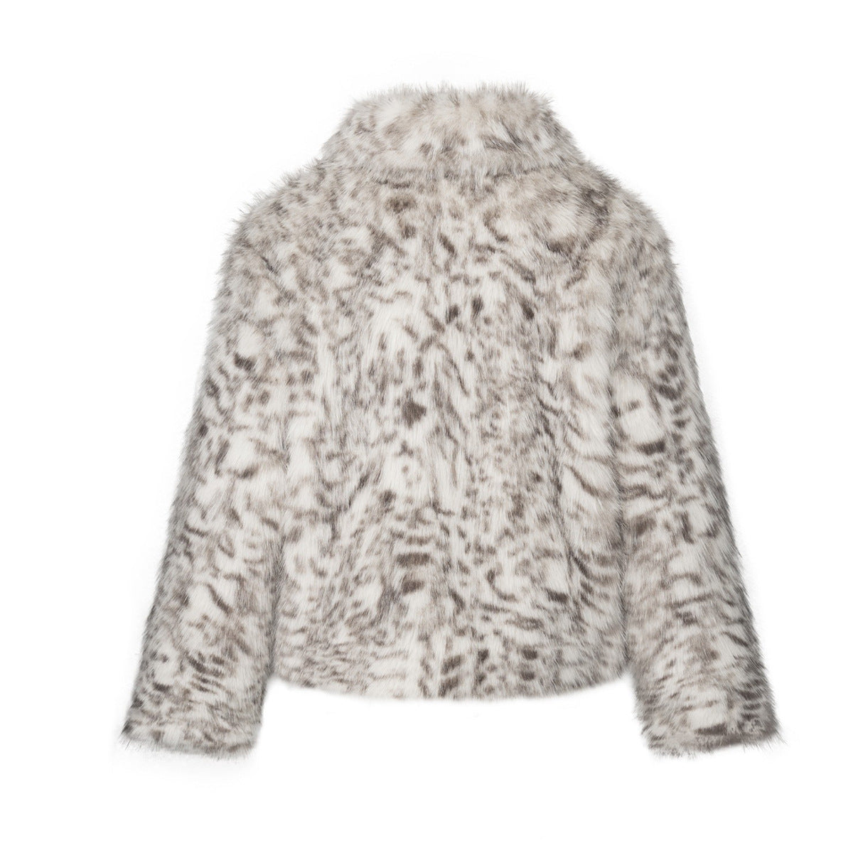Faux Fur Leopard Print Jacket – Grey Snow Leopard Short Coat