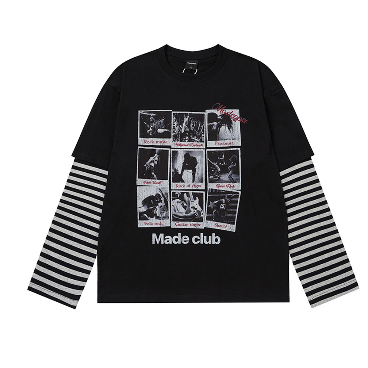Long Sleeve T-Shirt Faux-Layered Rock Graphic Striped Sleeve Oversized Tee