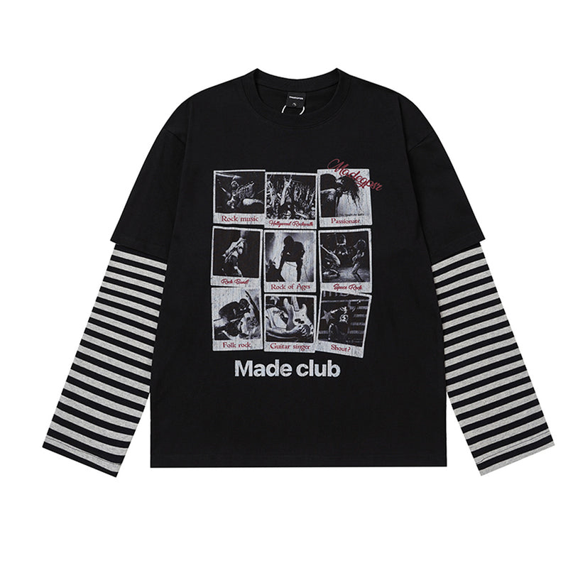 Long Sleeve T-Shirt Faux-Layered Rock Graphic Striped Sleeve Oversized Tee