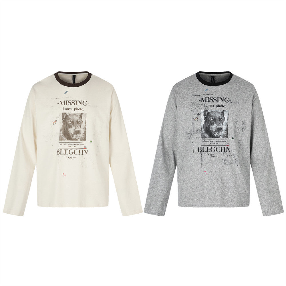 Missing Dog Graphic Long Sleeve T-Shirt – Men's Oversized Crew Neck