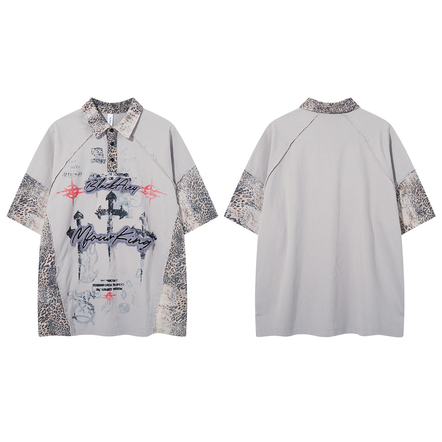 Chemise à col et manches courtes – Polo patchwork léopard graffiti