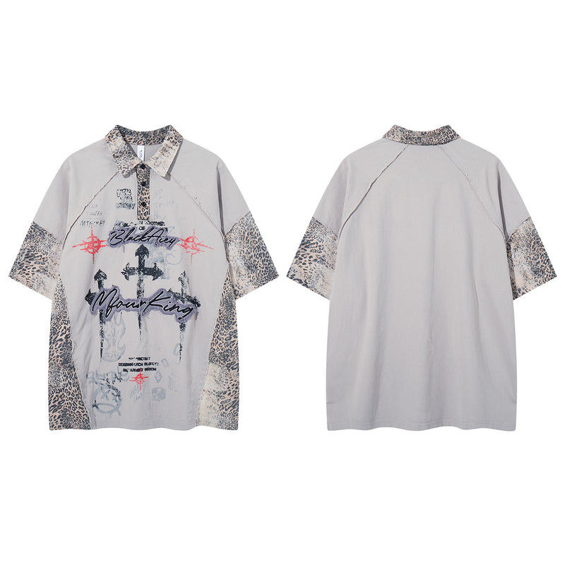 Chemise à col et manches courtes – Polo patchwork léopard graffiti