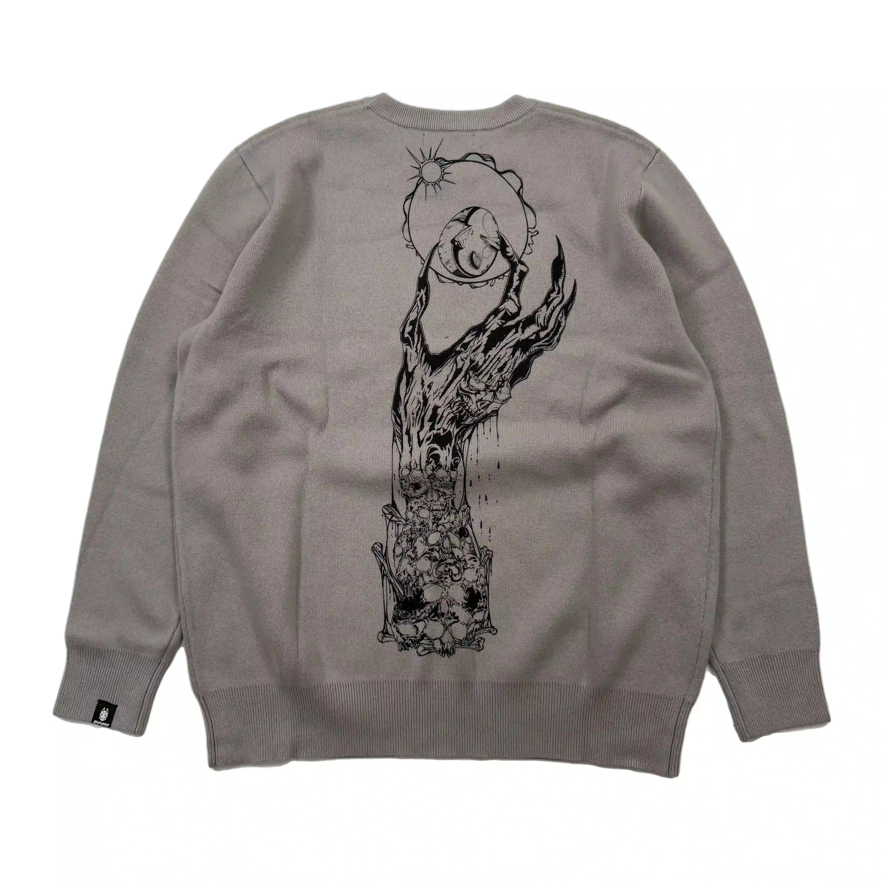 Dark Anime Occult Graphic Oversized Knit Crewneck Sweater in Stone Grey