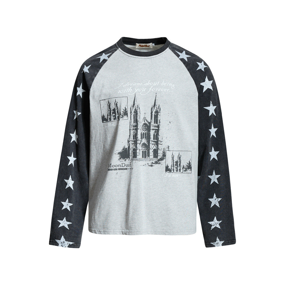 Oversized raglan long sleeve tee with cathedral graphic print and star-pattern contrast sleeves in grey and green colorway