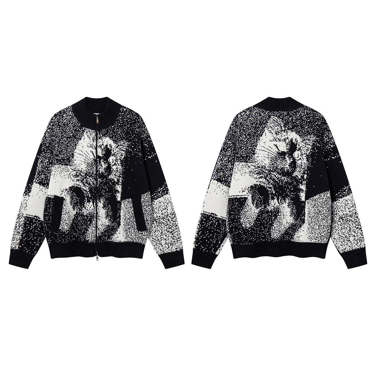 Cat Jacquard Knit Zip-Up Cardigan Sweater – Oversized Pixelated Graphic
