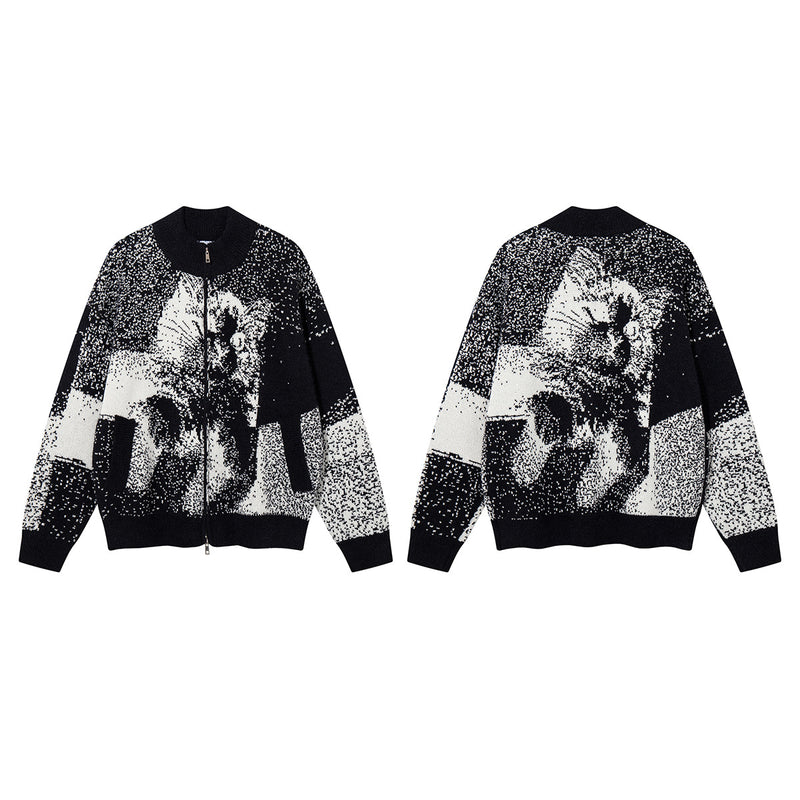 Cat Jacquard Knit Zip-Up Cardigan Sweater – Oversized Pixelated Graphic