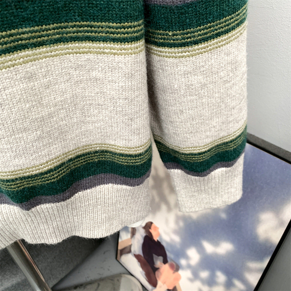 Striped Crew Neck Sweater – Relaxed Fit Color-Block Knit Pullover