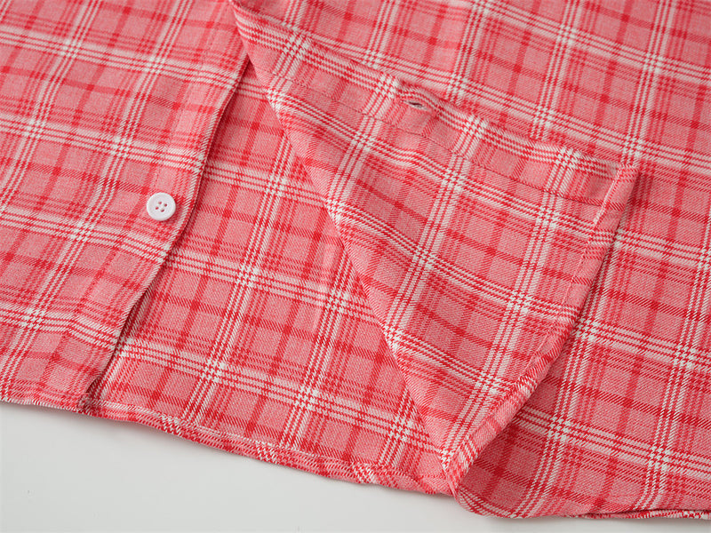Oversized Plaid Short Sleeve Shirt with Pearl Bead Script Detail