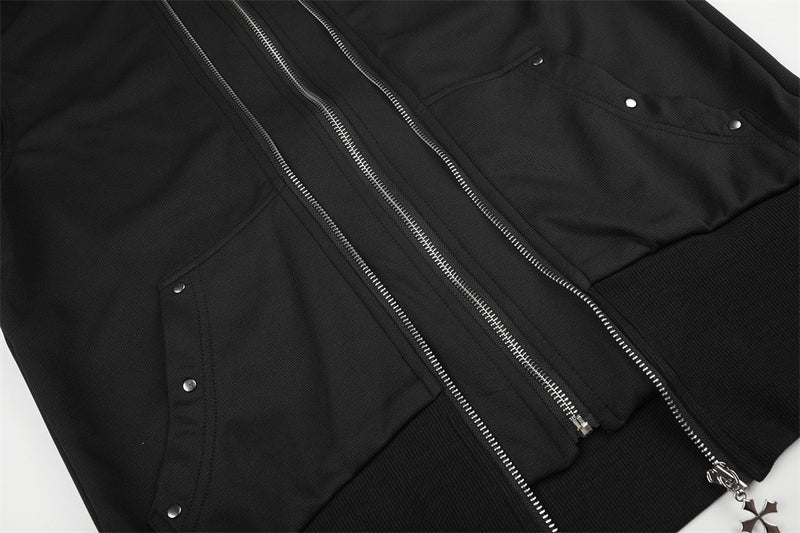 Close-up of black hoodie jacket front pockets and twin zipper tracks