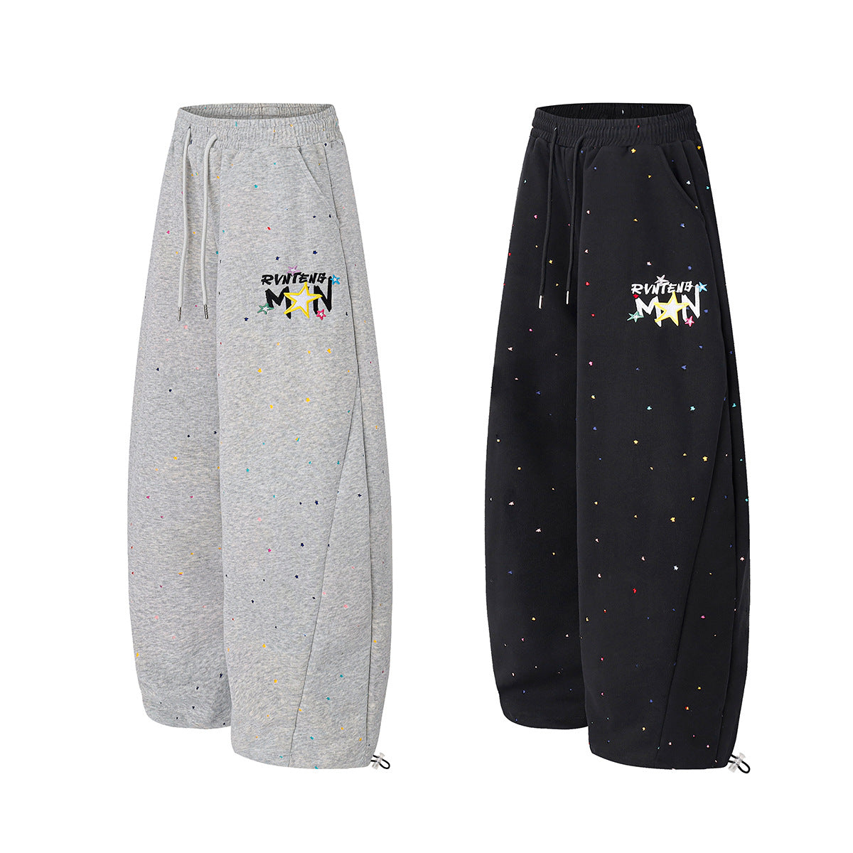 Wide-Leg Sweatpants with Star Embroidery & Paint Splatter Print