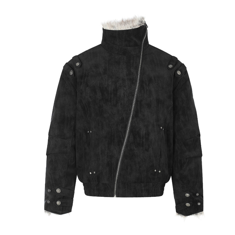 Schwarze Bomberjacke mit Wildlederoptik, Kunstpelzkragen und Wattierung im Biker-Stil