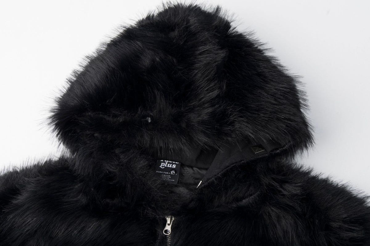 Faux Fur Hooded Bomber Jacket – Black with White Cross Patch