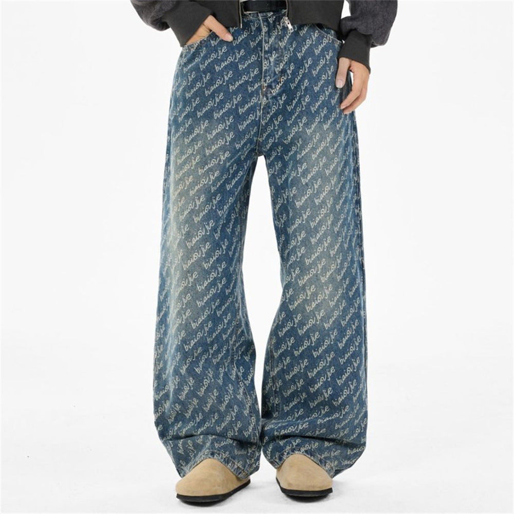 Men's Wide-Leg Jeans – Allover Script Letter Print, Loose Straight Fit