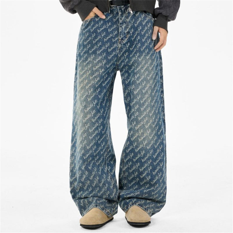Men's Wide-Leg Jeans – Allover Script Letter Print, Loose Straight Fit