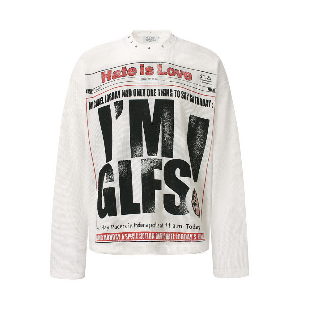 GLFS newspaper graphic waffle-knit long sleeve tee with studded crew neckline in white and black