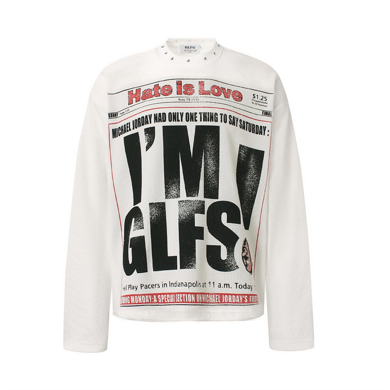 GLFS newspaper graphic waffle-knit long sleeve tee with studded crew neckline in white and black