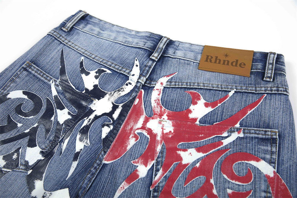 Wide-Leg Jeans Men's Washed Denim with Tribal Wing Graphic Print