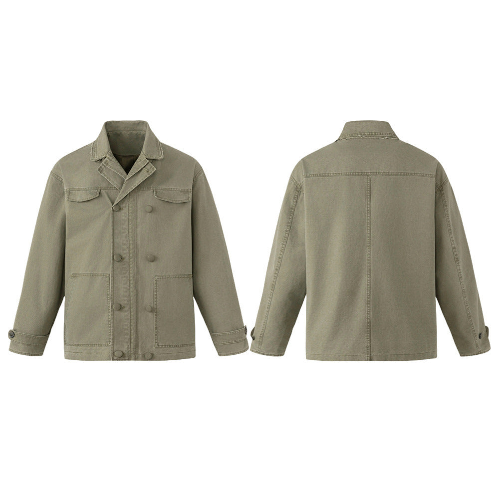 Men's olive oversized double-breasted workwear jacket with notched lapel and patch pockets, front and back view