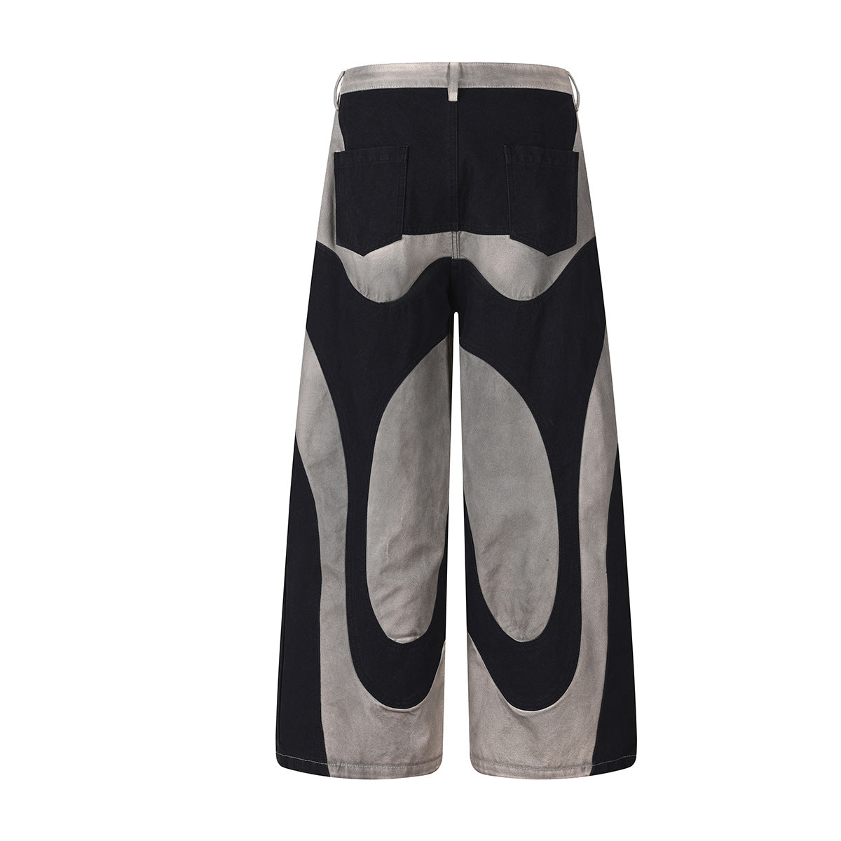Wide-Leg-Patchworkhose – abstraktes Wellenmuster aus zweifarbigem, schwarz-grauem Washed-Denim