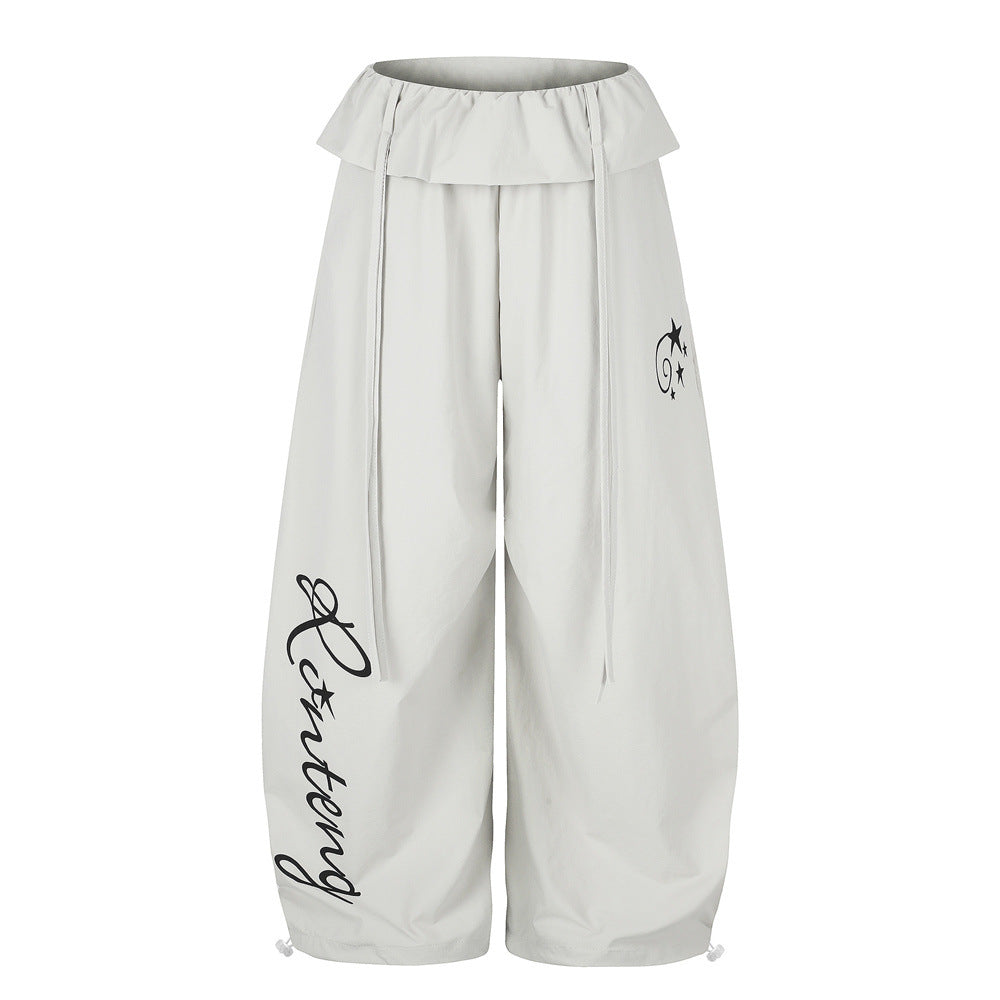 Letter Print Wide-Leg Balloon Pants – Streetwear Fold-Over Waist Casual Trousers