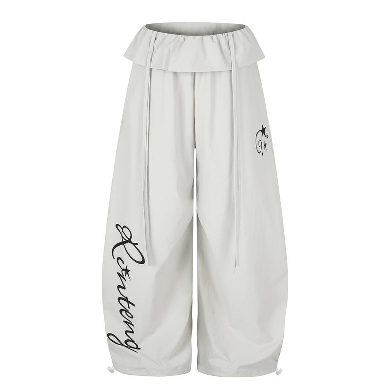 Letter Print Wide-Leg Balloon Pants – Streetwear Fold-Over Waist Casual Trousers