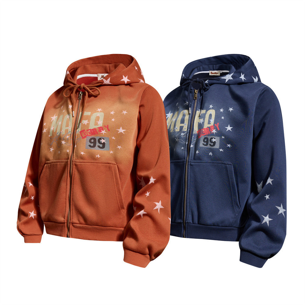 Sudadera con Capucha y Cremallera, Estampado de Estrellas, Corte Extragrande para Hombre