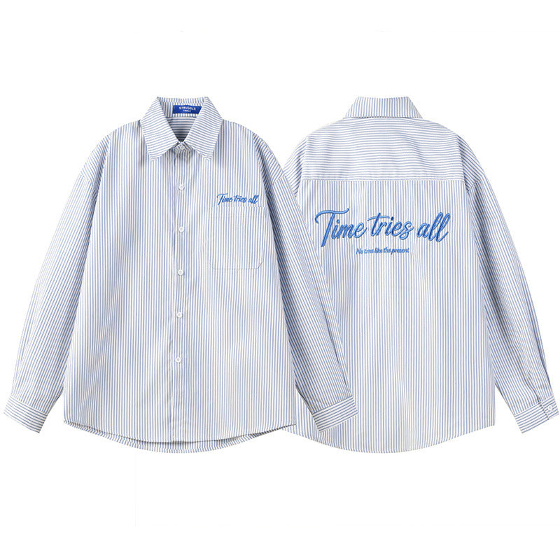 Men's Vertical Stripe Oversized Long-Sleeve Shirt with Embroidered Script