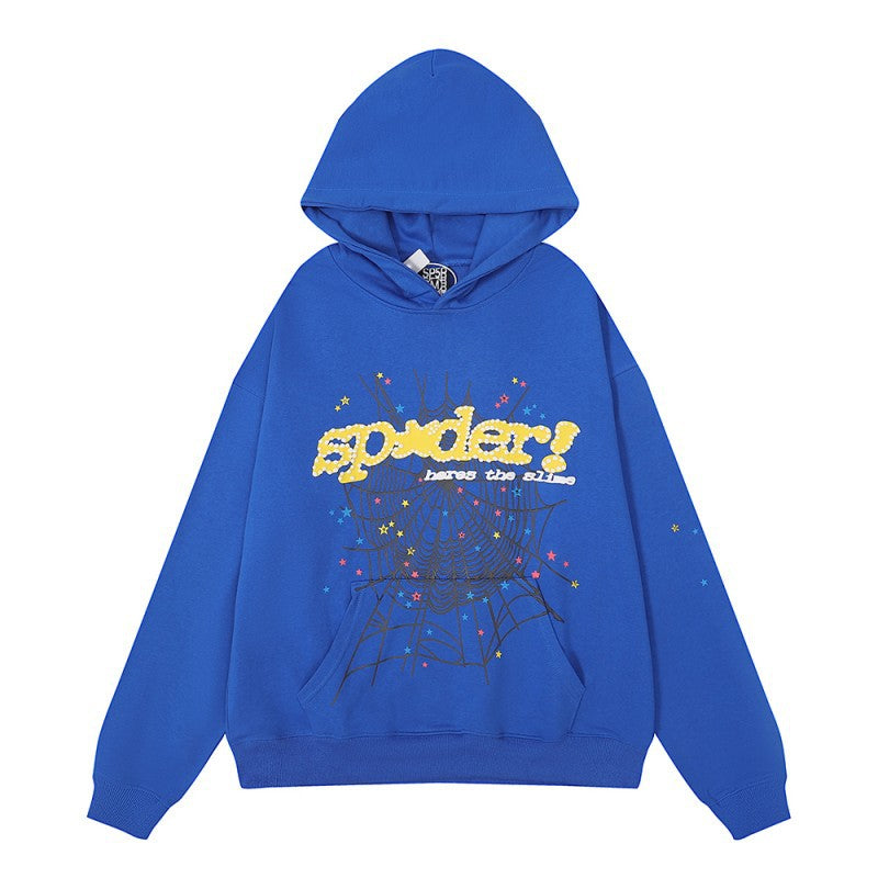Sp5der “Hares the Slime” Hoodie (440GSM) – Royal Blue Fuzzy Logo Spider-Web Graphic