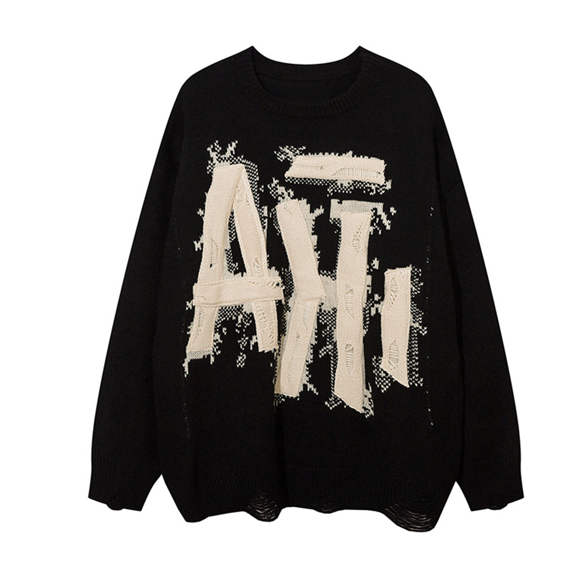 Distressed Knit Crewneck Sweater with Graffiti Letter Appliqué – Oversized