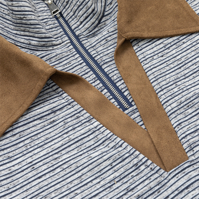 Striped Half-Zip Polo Sweatshirt with Suede Collar & Cuffs