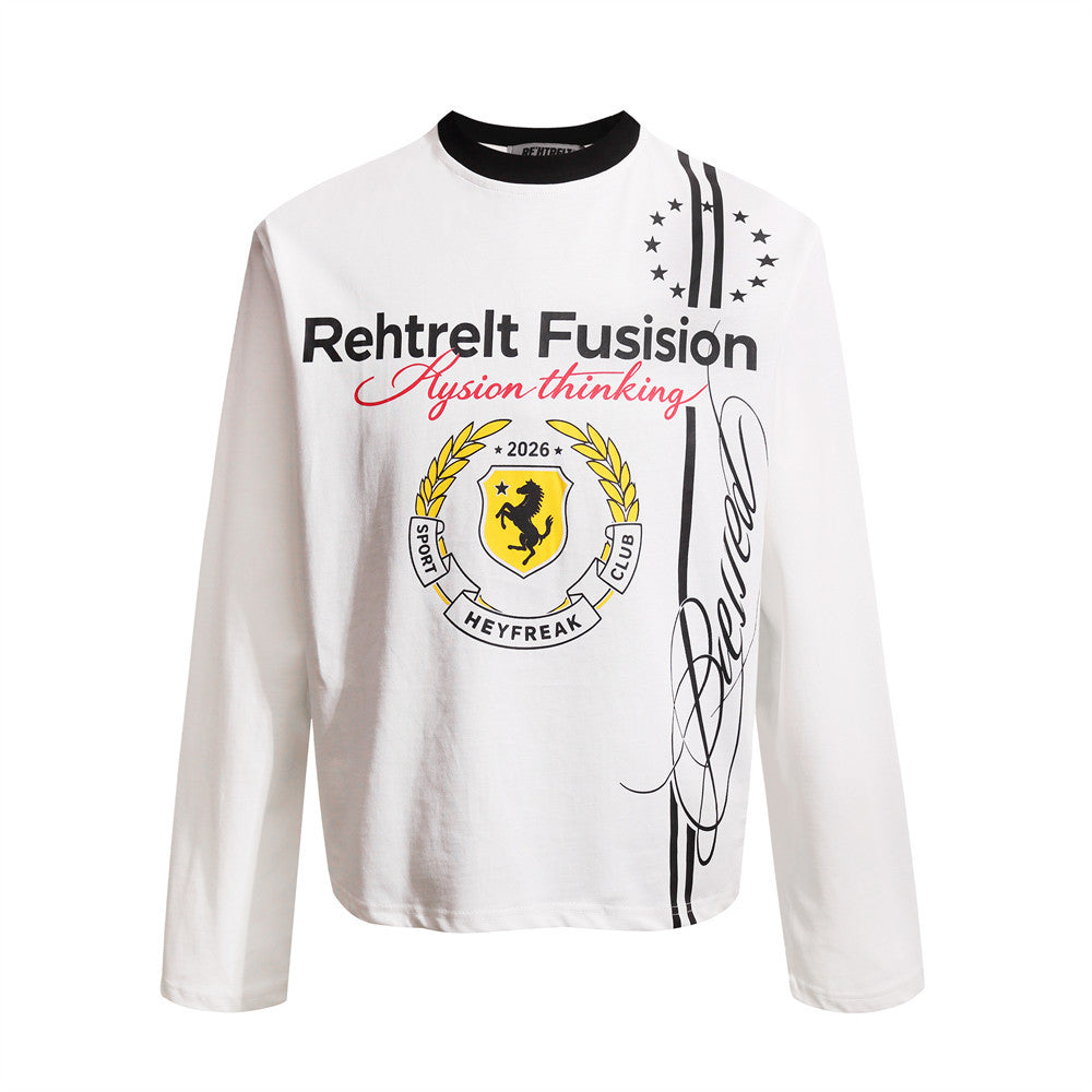 Men's Graphic Long-Sleeve T-Shirt – Varsity Crest & Letter Print, Crew Neck