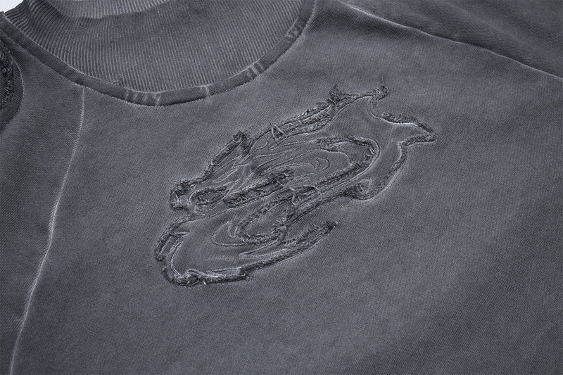 Verwaschenes Vintage-Sweatshirt mit geprägtem Drachen, Langarm – Raw-Edge-Moto-Crewneck