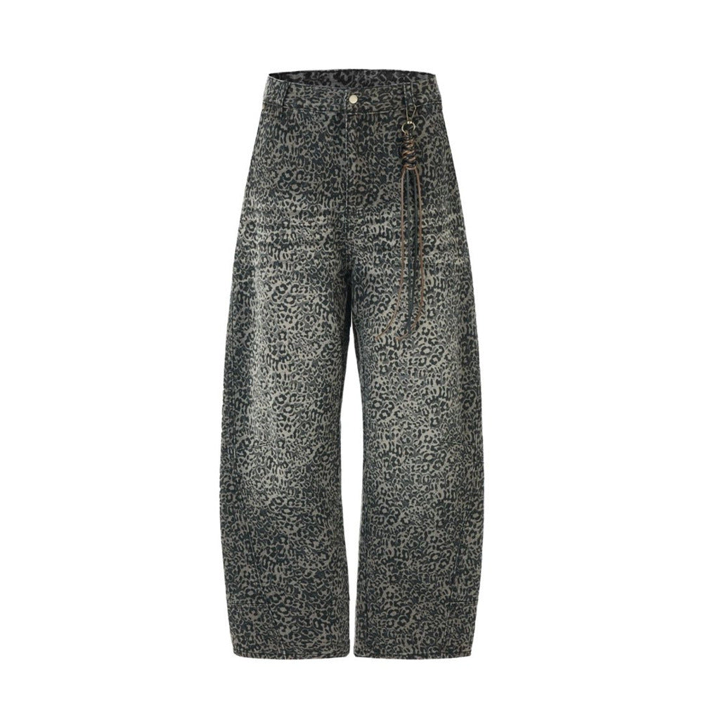 Leopard Print Wide-Leg Jeans – Vintage Washed Oversized Baggy Denim Pants